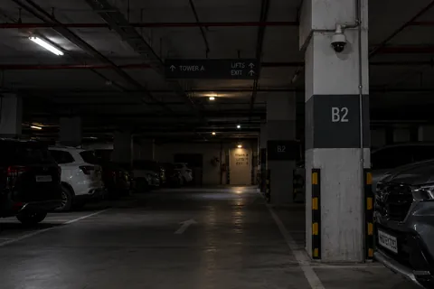A basement car park on level B2, a dome camera on a column and parked cars in the low light.
