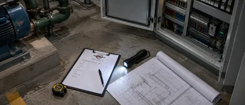 A clipboard and a torch resting on a set of drawings in front of an opened equipment panel.