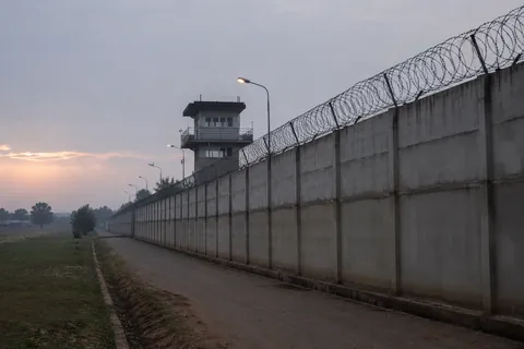 A perimeter wall topped with razor wire running to a watchtower, photographed at first light.