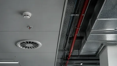 A ceiling void above an occupied floor: smoke detector, sprinkler drop, ducting and services sharing the same space.