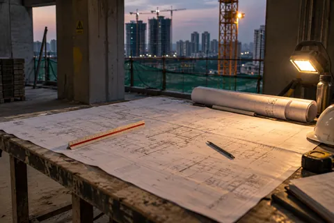 Drawings spread on a trestle table on an unfinished floor, a lamp over them and tower cranes lit outside.